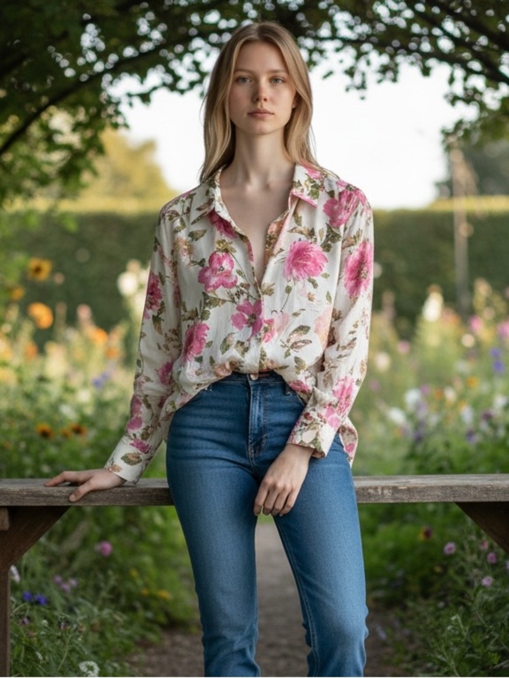 Zara Satin Effect Floral Button-Down Blouse Shirt Cream Pink Green  Sz XXL NWOT - Picture 2 of 10